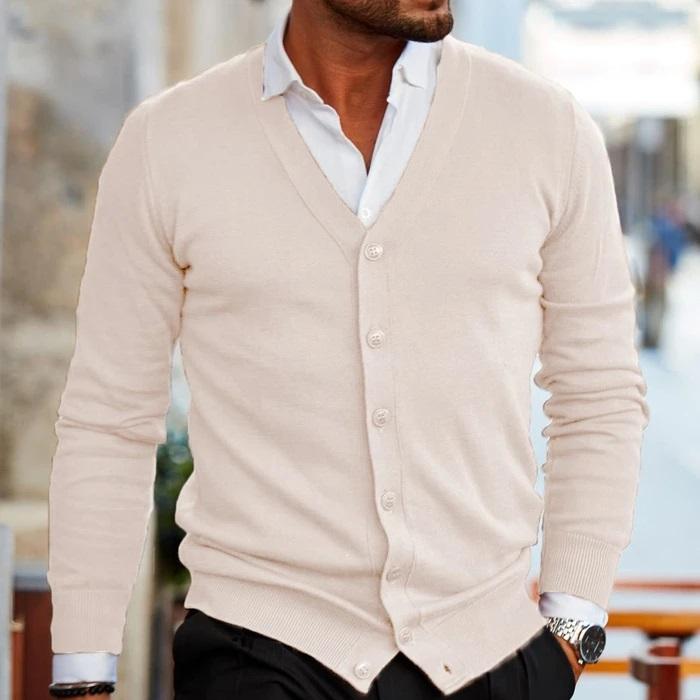 Herren-Strickjacke – V-Ausschnitt – zum Knöpfen – Strickjacke – Cardigan-Pullover-HauteBerlin