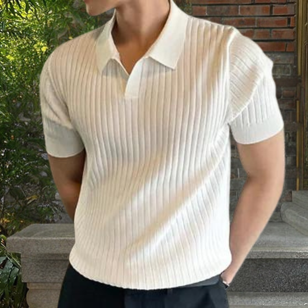 Herren-Strickpolo – Kurzarm – V-Ausschnitt – Poloshirt – Polopullover-HauteBerlin