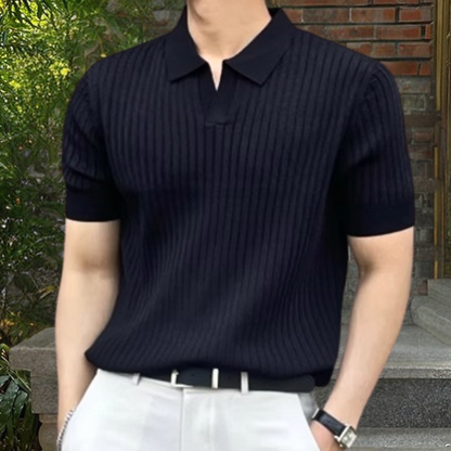 Herren-Strickpolo – Kurzarm – V-Ausschnitt – Poloshirt – Polopullover-HauteBerlin