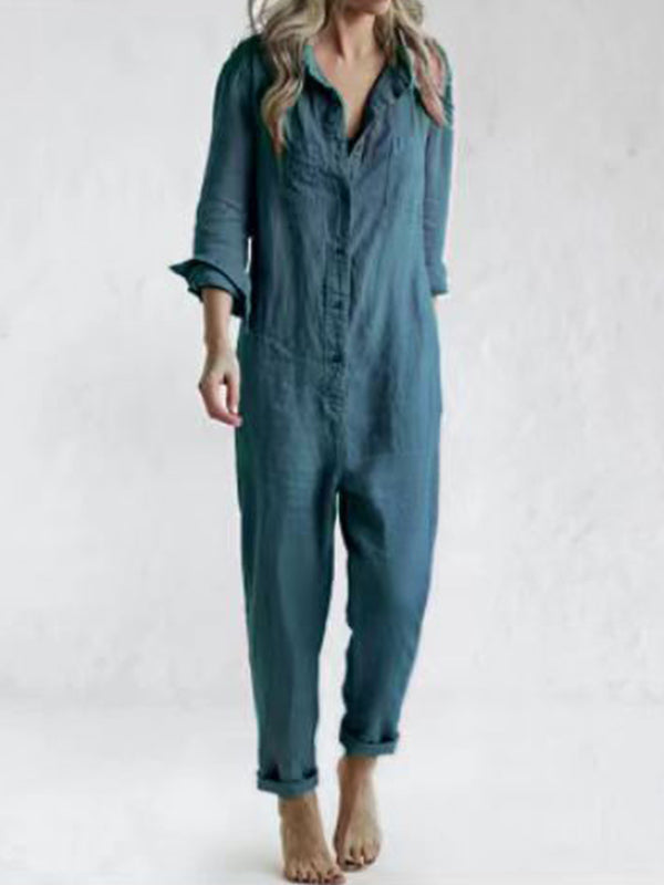Jumpsuit | Loose Fit | Button Up | Langärmeliger Jumpsuit | Damenbekleidung-Leyna Moda