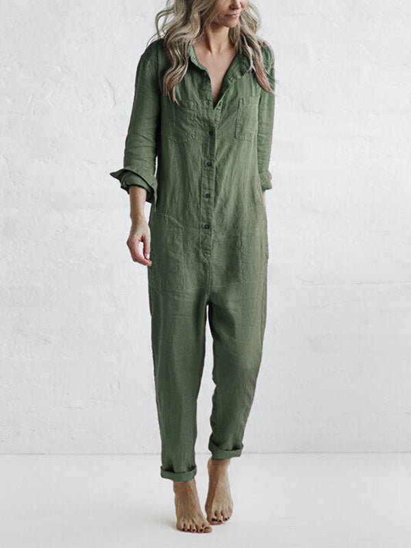 Jumpsuit | Loose Fit | Button Up | Langärmeliger Jumpsuit | Damenbekleidung-Leyna Moda