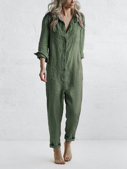 Jumpsuit | Loose Fit | Button Up | Langärmeliger Jumpsuit | Damenbekleidung-Leyna Moda