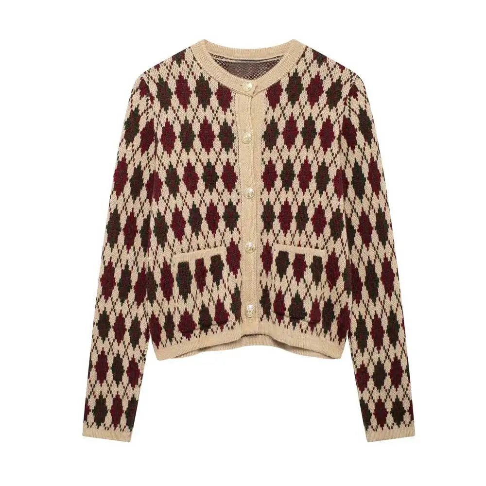 Karierte Strickjacke | Argyle-Muster | Mit Knöpfen | Strickjacke | Damenstrickmode-HauteBerlin