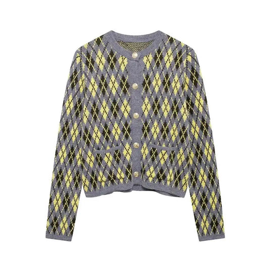 Karierte Strickjacke | Argyle-Muster | Mit Knöpfen | Strickjacke | Damenstrickmode-HauteBerlin
