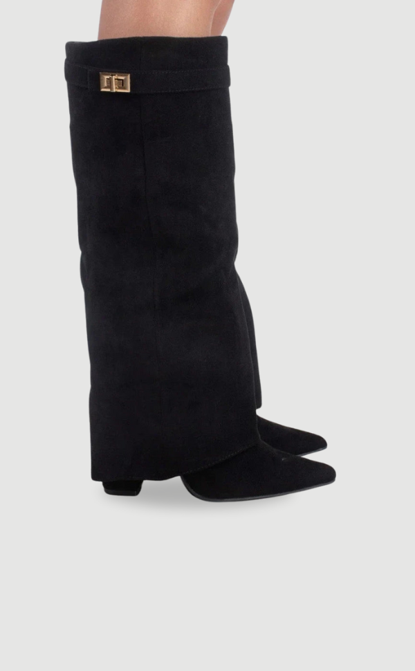 Kniehohe Stiefel – Damenstiefel aus Wildlederimitat mit spitzer Zehenpartie und Absatz-HauteBerlin