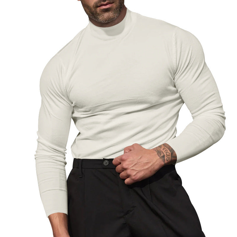 Langarm-T-Shirt – Einfarbig – Hoher Kragen – Pullover – Herrenhemd-HauteBerlin