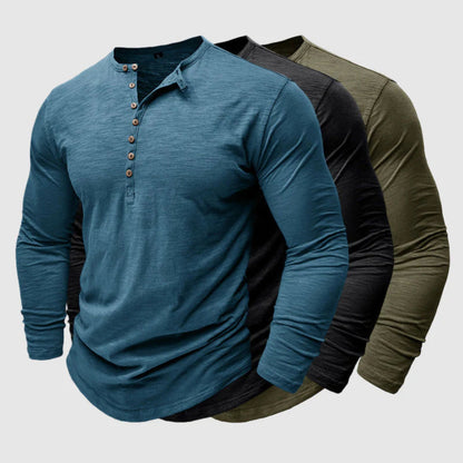 Langärmeliges T-Shirt - Herren Casual Plain Buttoned Up Henley Shirt-HauteBerlin