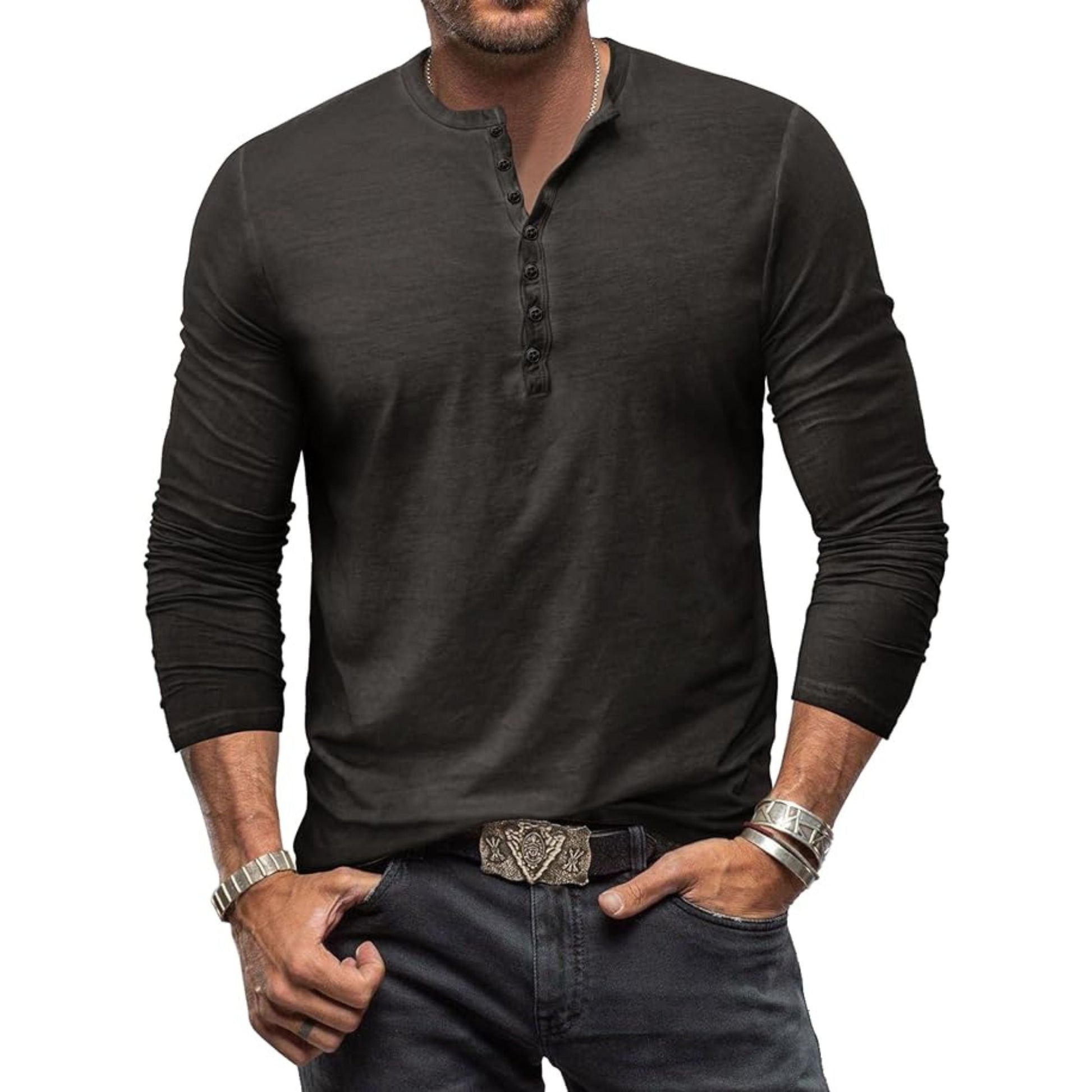 Langärmeliges T-Shirt - Herren Casual Plain Buttoned Up Henley Shirt-HauteBerlin
