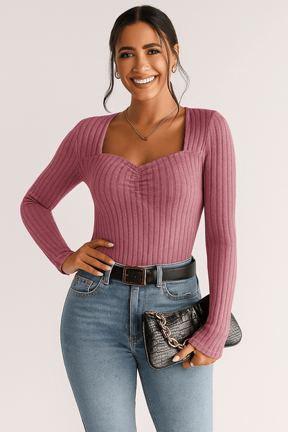 Langärmeliges Top - Frauen Quadratischer Ausschnitt Slim Fit Geripptes Top-HauteBerlin