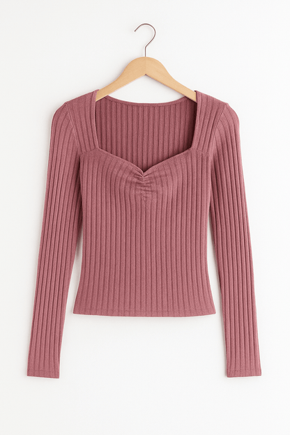 Langärmeliges Top - Frauen Quadratischer Ausschnitt Slim Fit Geripptes Top-HauteBerlin
