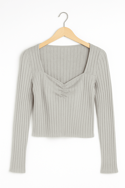 Langärmeliges Top - Frauen Quadratischer Ausschnitt Slim Fit Geripptes Top-HauteBerlin
