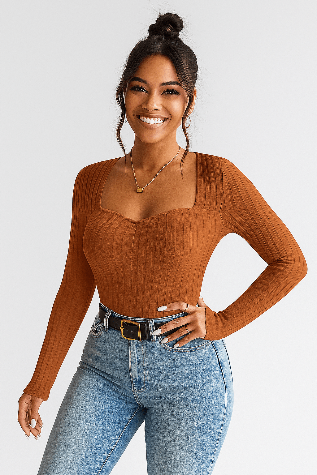 Langärmeliges Top - Frauen Quadratischer Ausschnitt Slim Fit Geripptes Top-HauteBerlin
