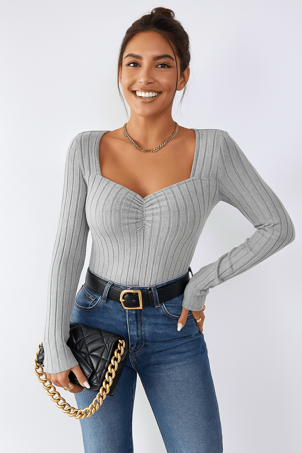 Langärmeliges Top - Frauen Quadratischer Ausschnitt Slim Fit Geripptes Top-HauteBerlin