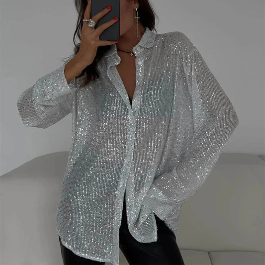 Langärmliges Pailletten-Glitzertop-Leyna Moda