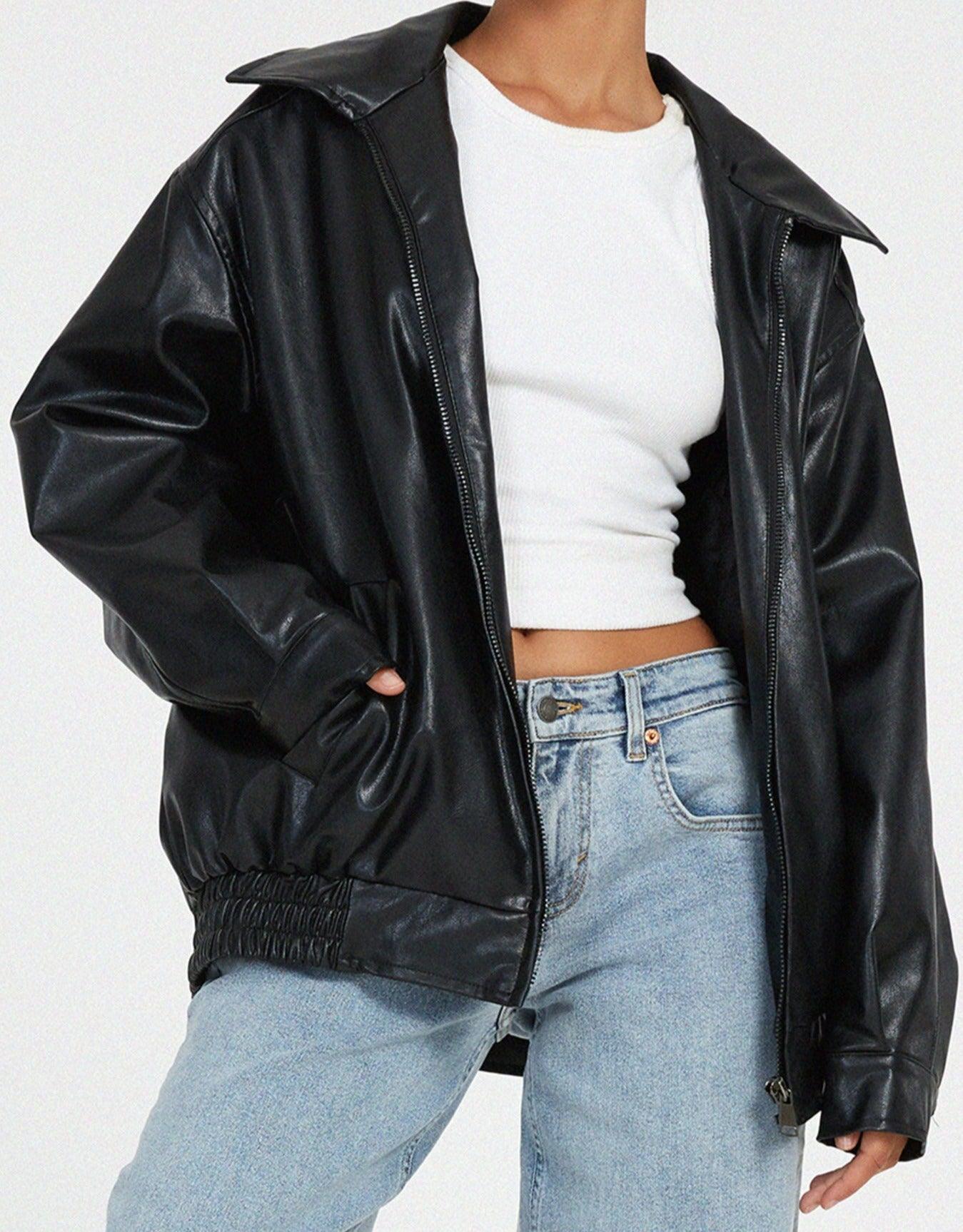 Lederbomberjacke - Schwarze Lederjacke in Übergröße für Frauen-HauteBerlin