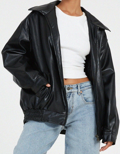 Lederbomberjacke - Schwarze Lederjacke in Übergröße für Frauen-HauteBerlin