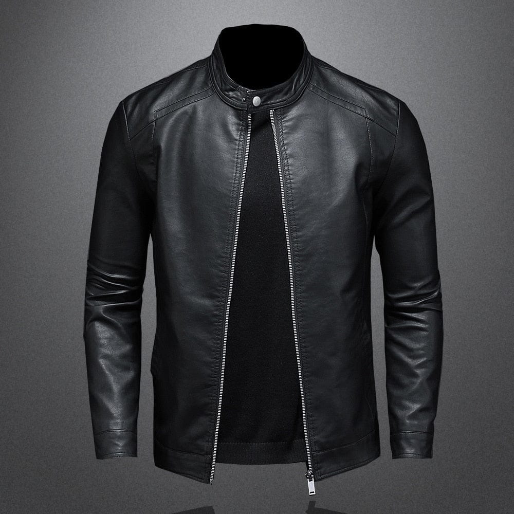Lederjacke - Schwarze schlichte Kunstlederjacke mit Reißverschluss für Männer-HauteBerlin