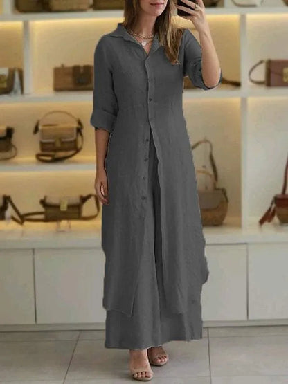 Leinen-Zweiteiler – Lange Damenbluse und weite Hose-HauteBerlin