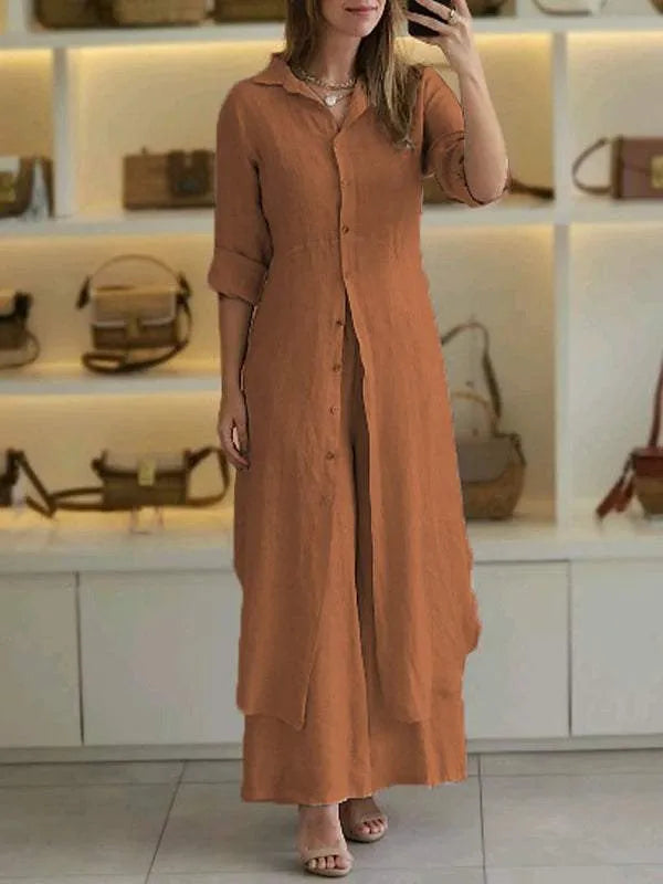 Leinen-Zweiteiler – Lange Damenbluse und weite Hose-HauteBerlin