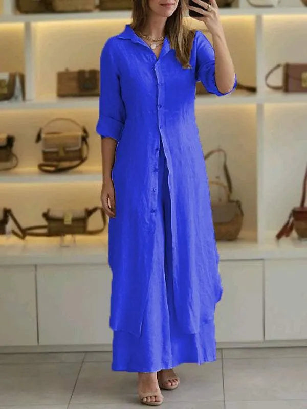 Leinen-Zweiteiler – Lange Damenbluse und weite Hose-HauteBerlin