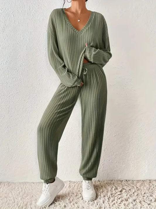 Lounge Set | Two-Piece | Ribbed | Sweater and Joggers Set | Women's Loungewear-Grace Aura