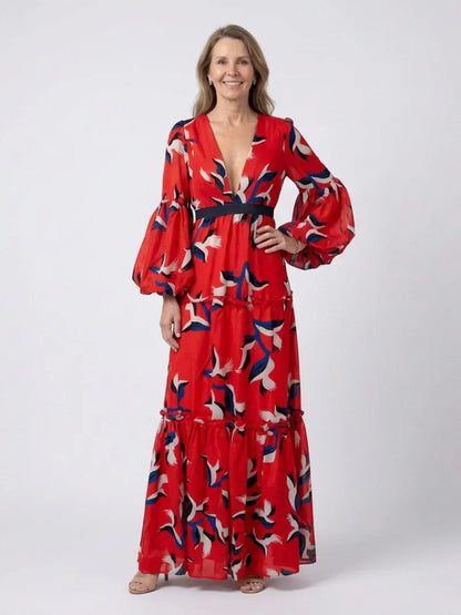 Maxikleid | Flügelärmel | V-Ausschnitt | Langarmkleid | Sommerkleid-HauteBerlin