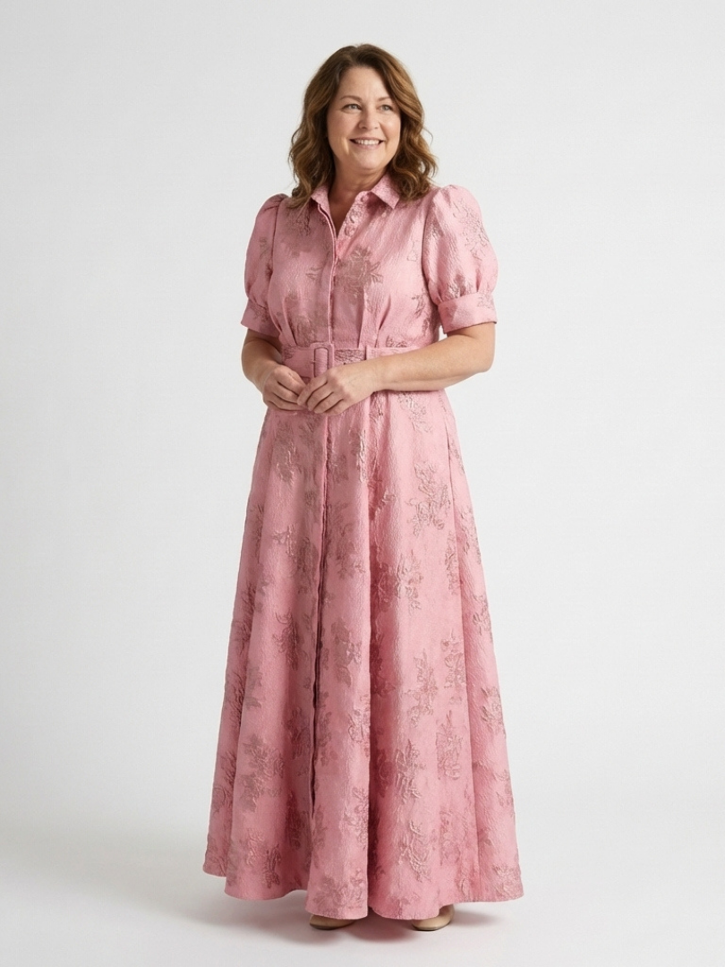 Maxikleid – Puffärmel – Mit Gürtel – Rosa Kleid – Kleid mit Knopfleiste-HauteBerlin