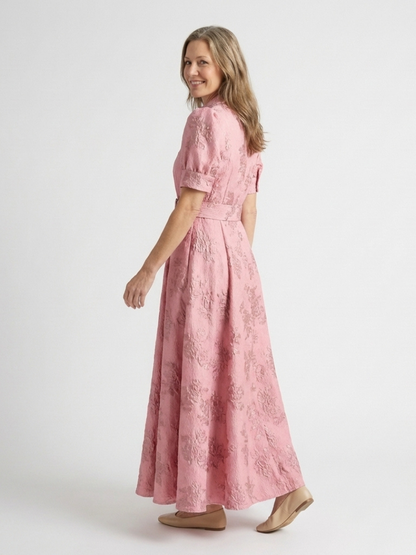 Maxikleid – Puffärmel – Mit Gürtel – Rosa Kleid – Kleid mit Knopfleiste-HauteBerlin