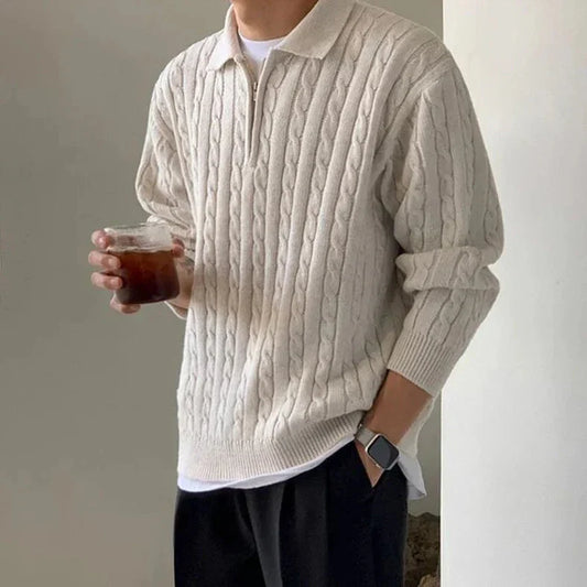 Pullover mit Viertelreißverschluss | Locker geschnitten | Pullover | Strickpullover mit Zopfmuster | Herrenpullover mit halbem Reißverschluss