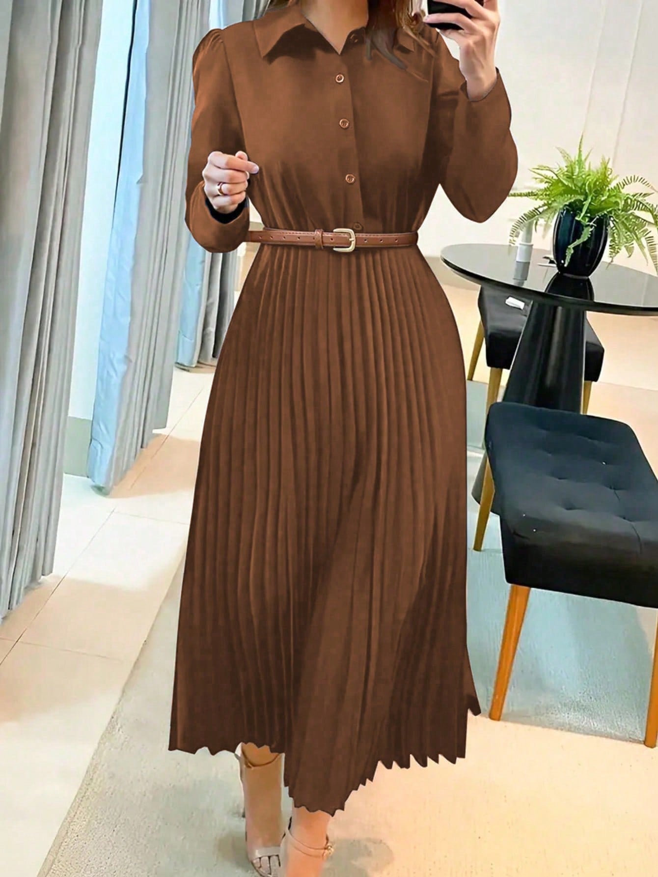 Midi-Kleid – Langärmliges Plisseekleid für Frauen-HauteBerlin