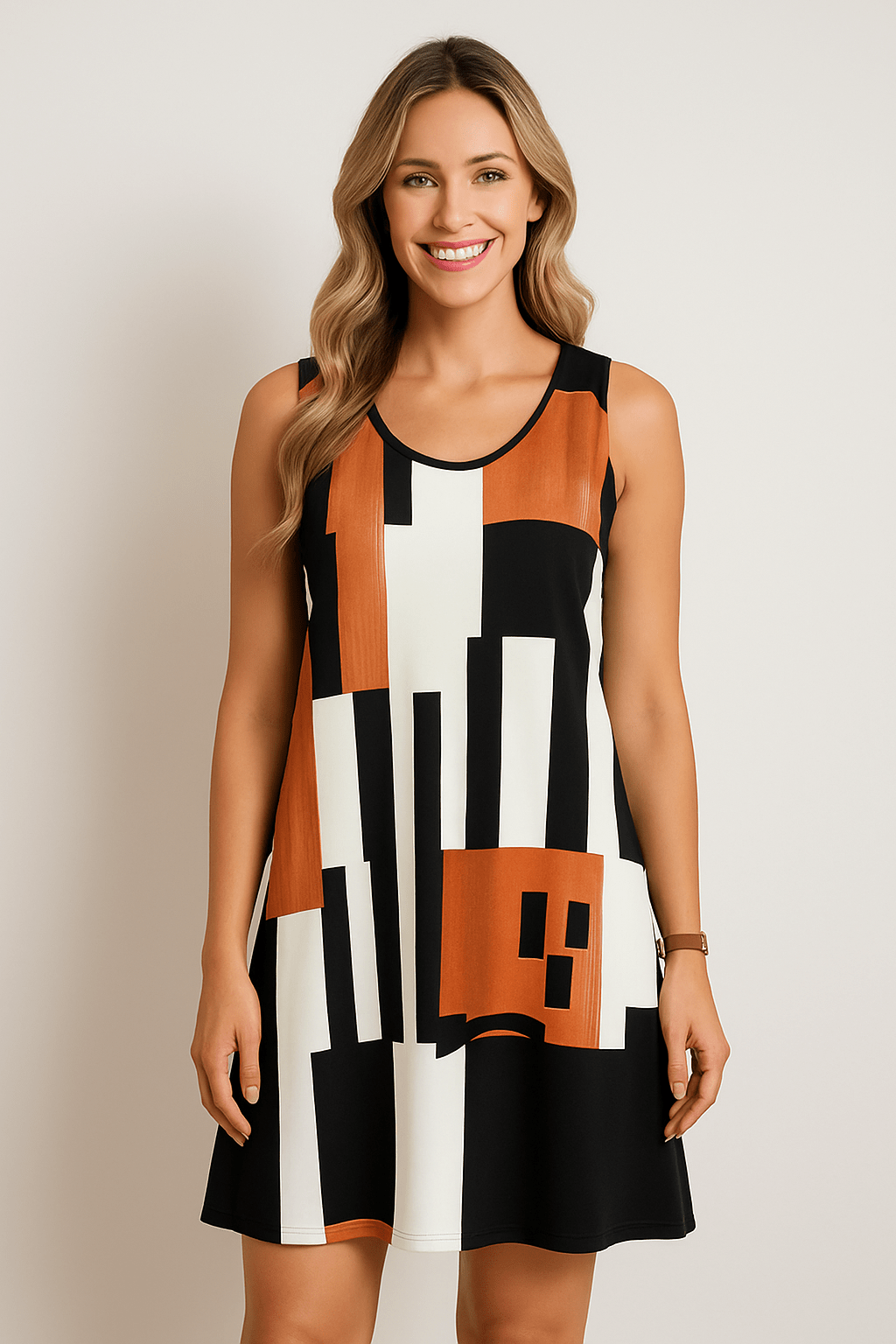Minikleid – Bedrucktes, ärmelloses, locker sitzendes Kleid für Frauen-HauteBerlin