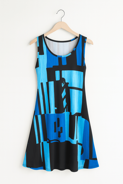 Minikleid – Bedrucktes, ärmelloses, locker sitzendes Kleid für Frauen-HauteBerlin