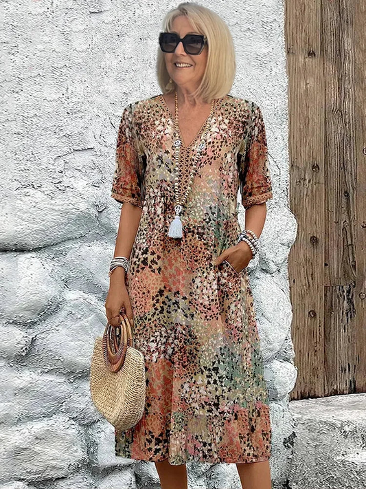 Mittellanges Kleid – Bedruckt – Halblange Ärmel – A-Linien-Kleid – Sommerkleid-HauteBerlin