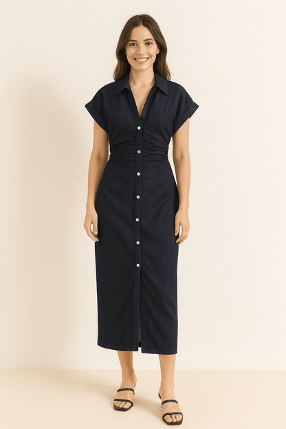 Mittellanges Kleid | Kurzarm | Mit Kragen | Knopfleiste | Hemdkleid-HauteBerlin