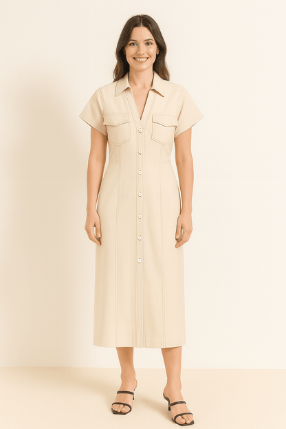 Mittellanges Kleid | Kurzarm | Mit Kragen | Knopfleiste | Hemdkleid-HauteBerlin