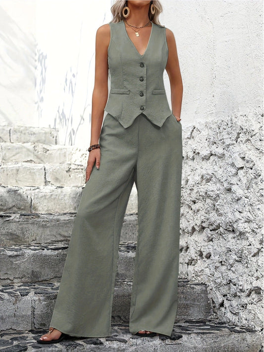 Vest & Wide-Leg Trousers Set - Elegantes zweiteiliges Set für Frauen