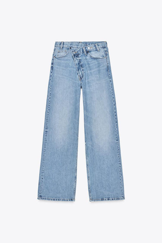 Wide Leg Jeans - Damen Jeans mit hoher Taille und asymmetrischem Bund