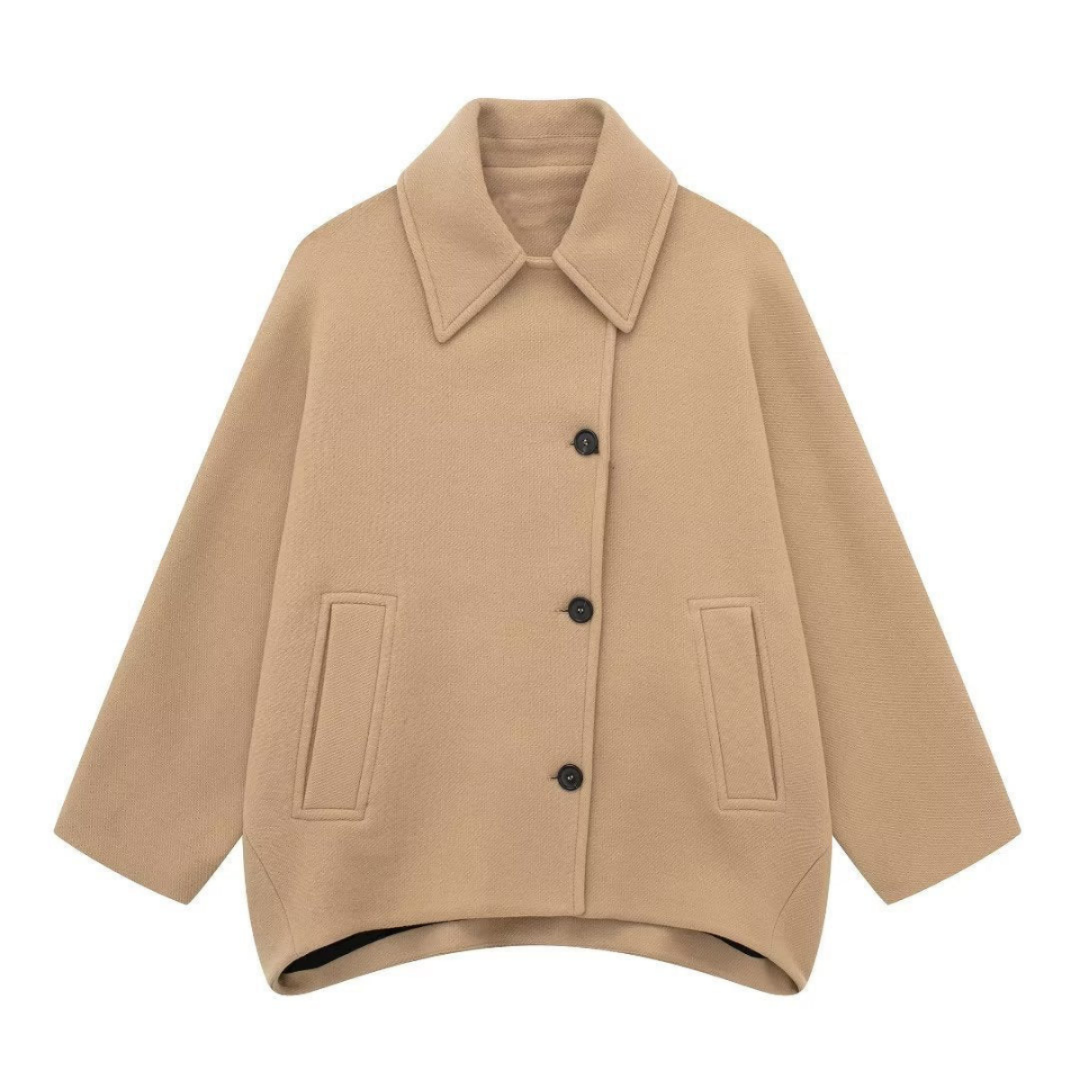 Oversized Jacke – Beige Damenjacke mit Kragen und einreihiger Knopfleiste-HauteBerlin