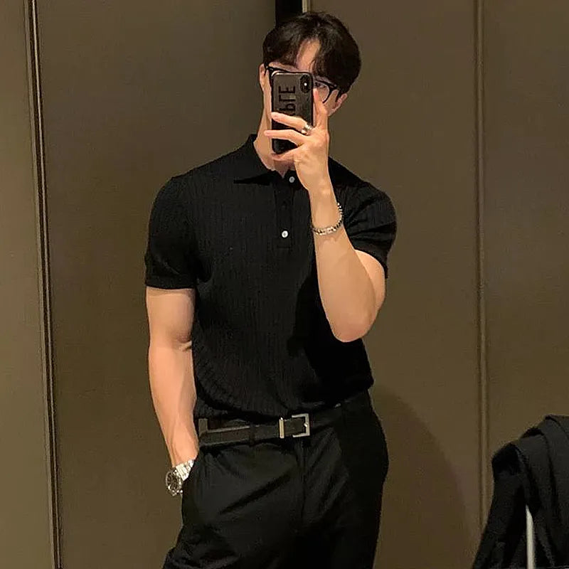 Polohemd | Button-up-Kragen | Umgeschlagener Kragen | Rippstrick-T-Shirt | Herrenhemden-HauteBerlin