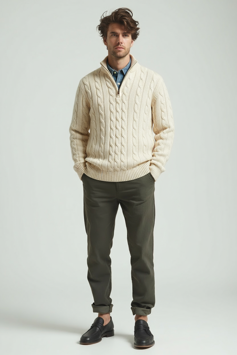 Pullover mit Viertel-Reißverschluss | Zopfstrick | Normale Passform | Strickpullover | Herren Pullover mit Halb-Reißverschluss-HauteBerlin