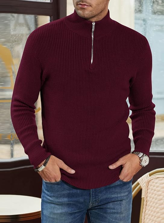 Pullover mit Viertelreißverschluss | Gestrickt | Rippstrick | Polopullover | Herrenpullover mit halbem Reißverschluss-Chaps Herrenmode