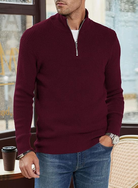 Pullover mit Viertelreißverschluss | Gestrickt | Rippstrick | Polopullover | Herrenpullover mit halbem Reißverschluss-Chaps Herrenmode