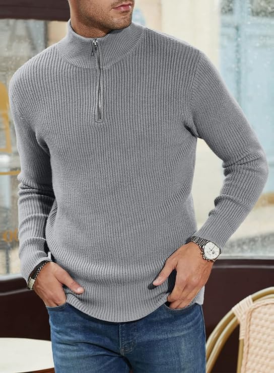 Pullover mit Viertelreißverschluss | Gestrickt | Rippstrick | Polopullover | Herrenpullover mit halbem Reißverschluss-Chaps Herrenmode