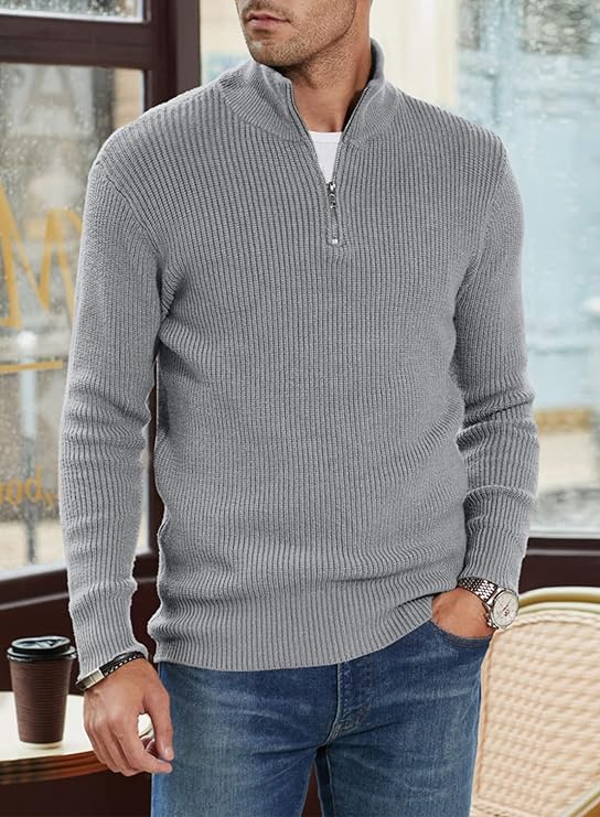 Pullover mit Viertelreißverschluss | Gestrickt | Rippstrick | Polopullover | Herrenpullover mit halbem Reißverschluss-Chaps Herrenmode
