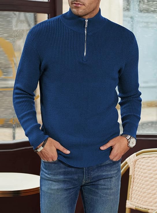 Pullover mit Viertelreißverschluss | Gestrickt | Rippstrick | Polopullover | Herrenpullover mit halbem Reißverschluss-Chaps Herrenmode