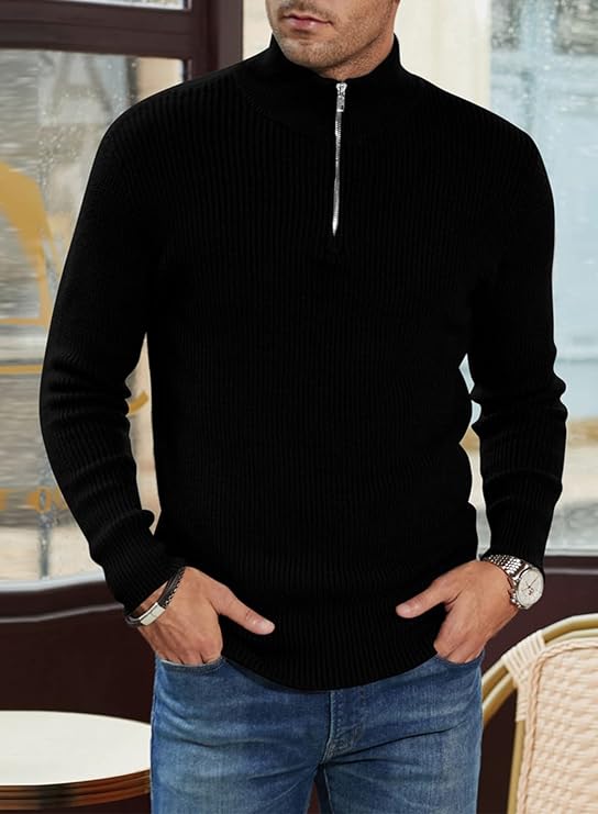 Pullover mit Viertelreißverschluss | Gestrickt | Rippstrick | Polopullover | Herrenpullover mit halbem Reißverschluss-Chaps Herrenmode