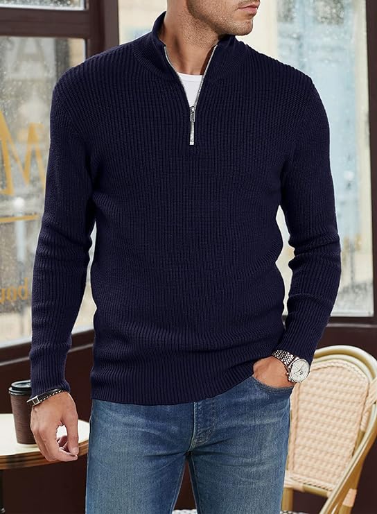 Pullover mit Viertelreißverschluss | Gestrickt | Rippstrick | Polopullover | Herrenpullover mit halbem Reißverschluss-HauteBerlin