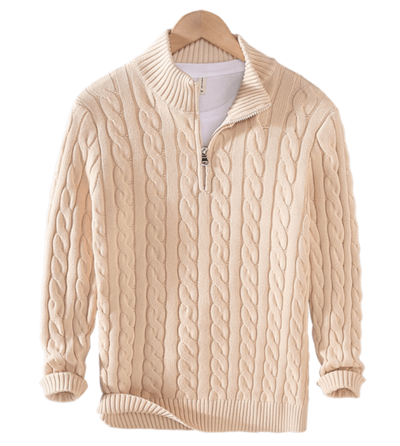 Pullover mit Viertelreißverschluss – Zopfmuster – Halbreißverschluss – Strickpullover – Herrenpullover mit Viertelreißverschluss-HauteBerlin