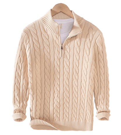 Pullover mit Viertelreißverschluss – Zopfmuster – Halbreißverschluss – Strickpullover – Herrenpullover mit Viertelreißverschluss-HauteBerlin