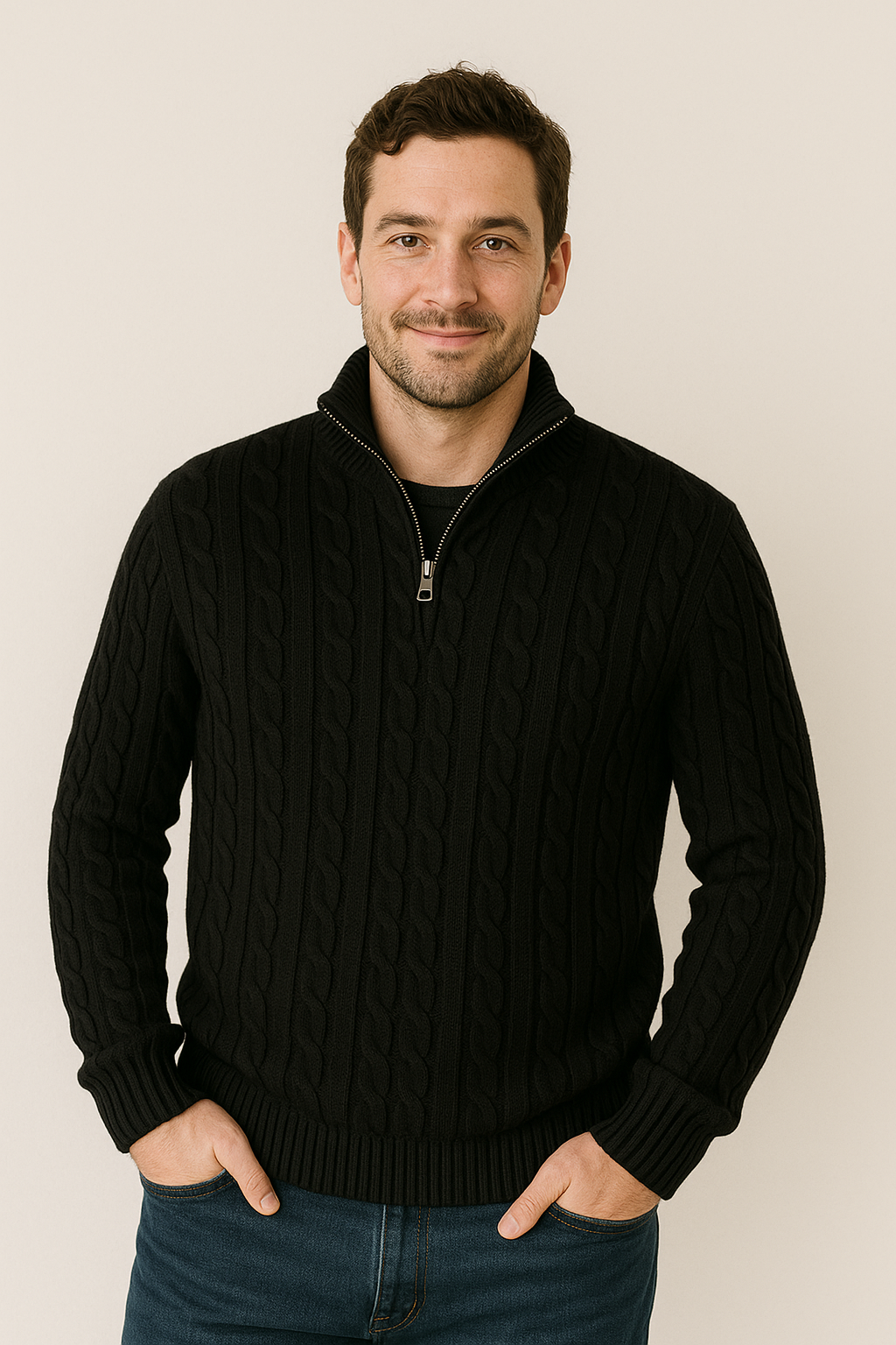Pullover mit Viertelreißverschluss – Zopfmuster – Halbreißverschluss – Strickpullover – Herrenpullover mit Viertelreißverschluss-HauteBerlin